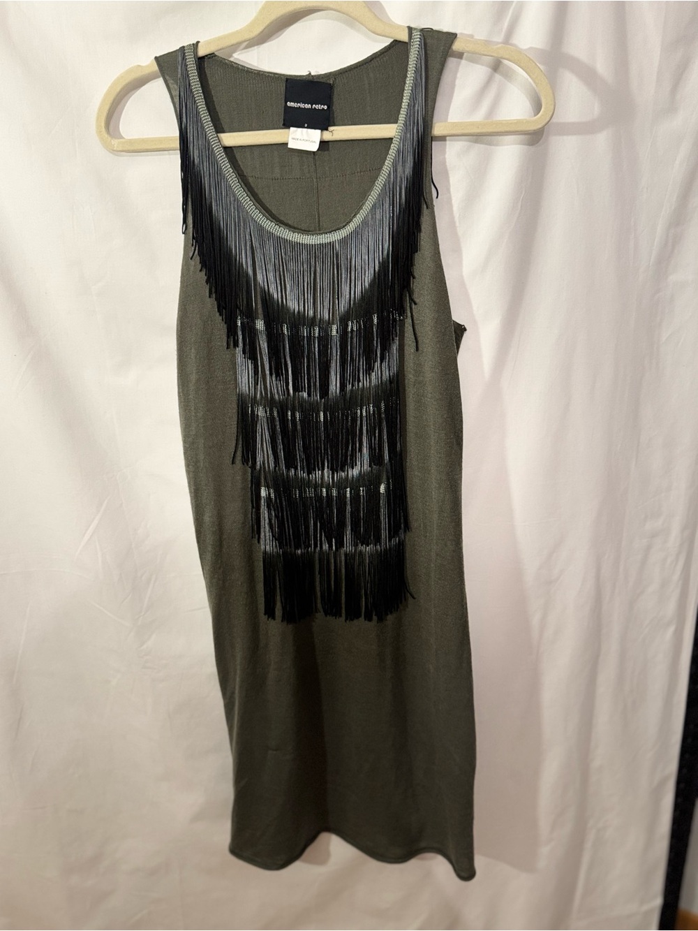 American Retro Olive Green Merino Wool Fringe Shift Dress Size 2